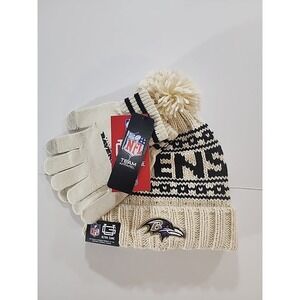 Baltimore Ravens Team Apparel Knit Beanie & Gloves Set Cream NWT